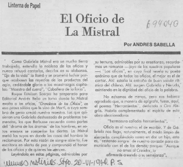 El oficio de la Mistral  [artículo] Andrés Sabella.