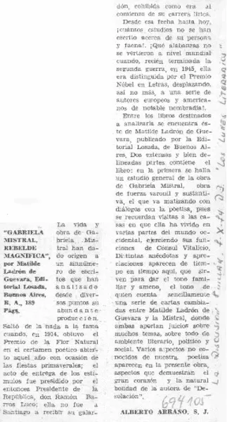 Gabriela Mistral, rebelde magnifica  [artículo] Alberto Arraño, S.J.