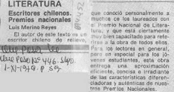 Escritores chilenos. Premios Nacionales.  [artículo]