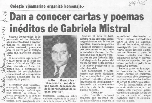 Dan a conocer cartas y poemas inéditos de Gabriela Mistral.  [artículo]