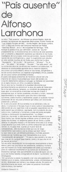 País ausente" de Alfonso Larrahona  [artículo] Edilberto Domarchi V.