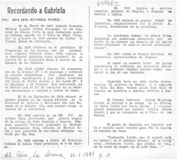 Recordando a Gabriela  [artículo] Ana Iris Alvarez Núñez.