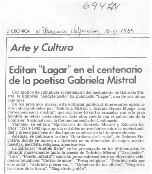 Editan "Lagar" en el centenario de la poestisa Gabriela Mistral.  [artículo]
