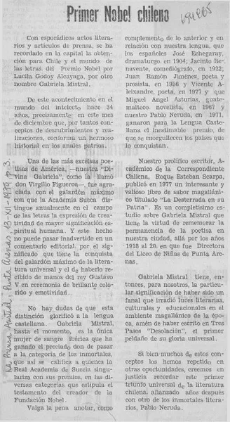 Primer Nobel chileno.  [artículo]