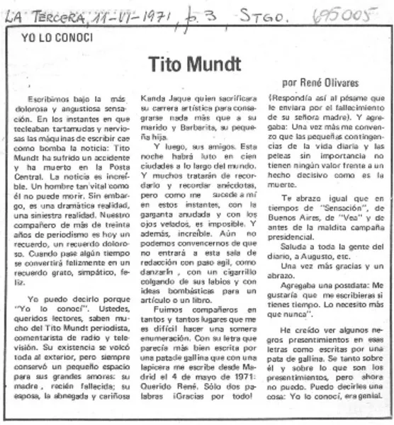Tito Mundt  [artículo] René Olivares.