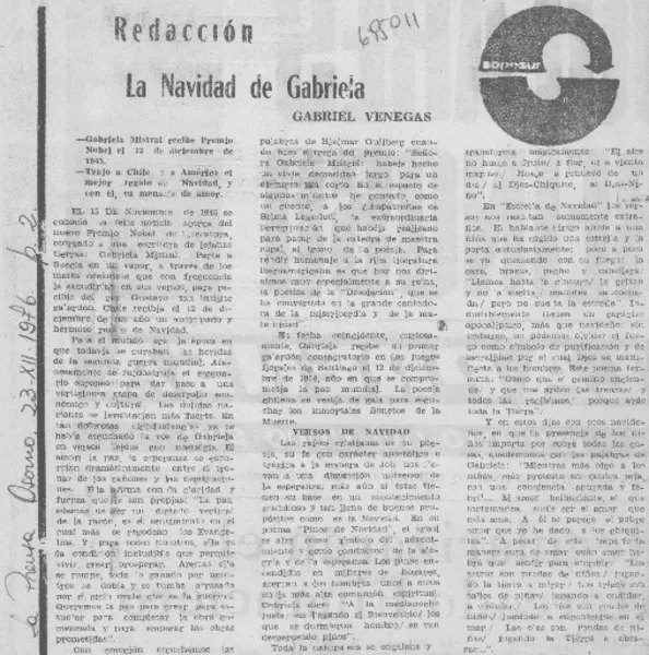 La navidad de Gabriela  [artículo] Gabriel Venegas.