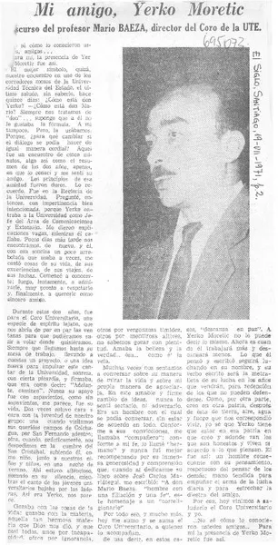 Mi amigo, Yerko Moretic  [artículo] Mario Baeza.