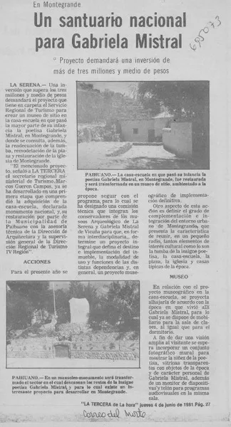 Un santuario nacional para Gabriela Mistral.  [artículo]