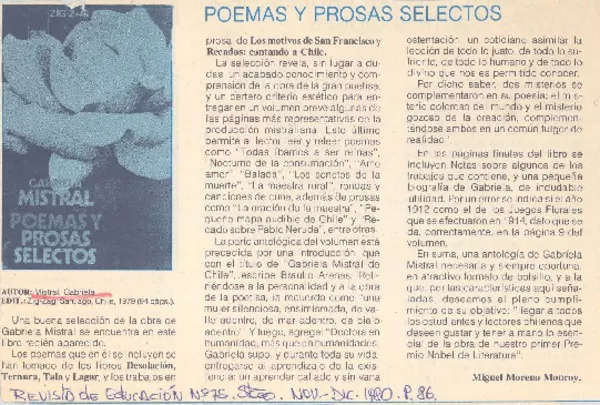 Poemas y prosas selectos  [artículo] Miguel Moreno Monroy.