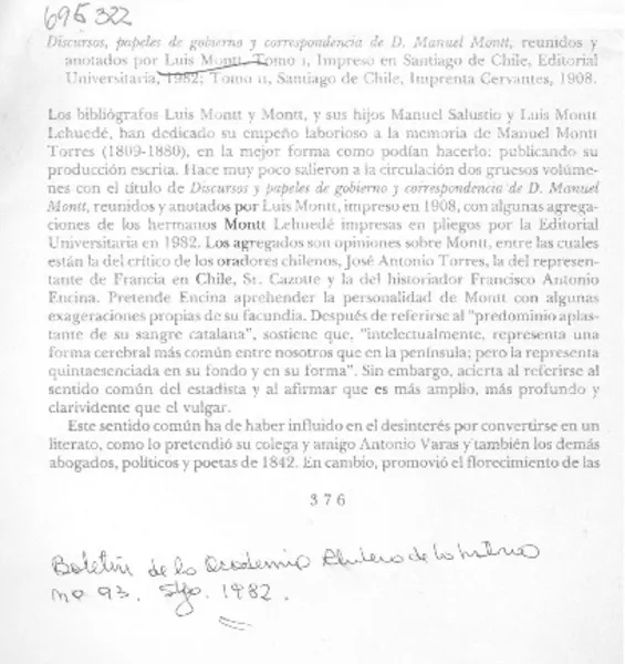 Discursos, papeles de gobierno y correspondencia de D. Manuel Montt  [artículo] Manuel Salvat Monguillot.
