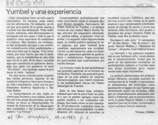 Yumbel y una experiencia  [artículo] Cronos.