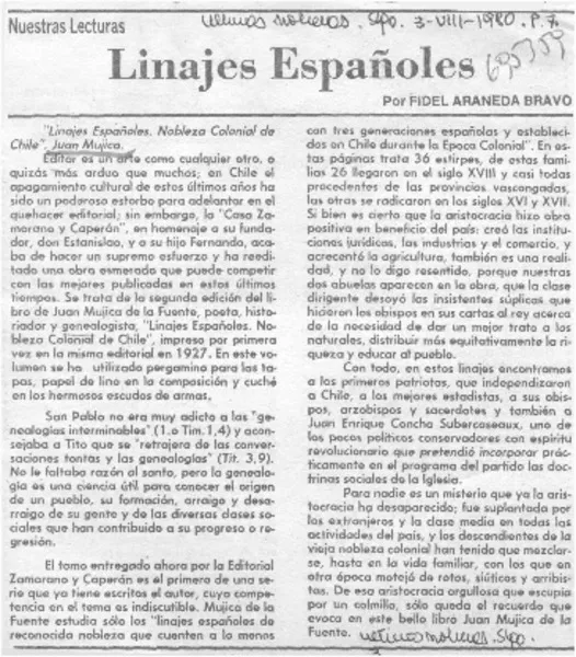 Linajes españoles  [artículo] Fidel Araneda Bravo.