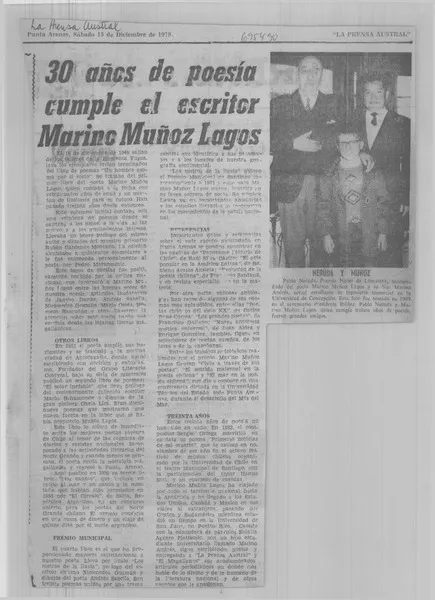 30 años de poesía cumple el escritor Marino Muñoz Lagos.  [artículo]