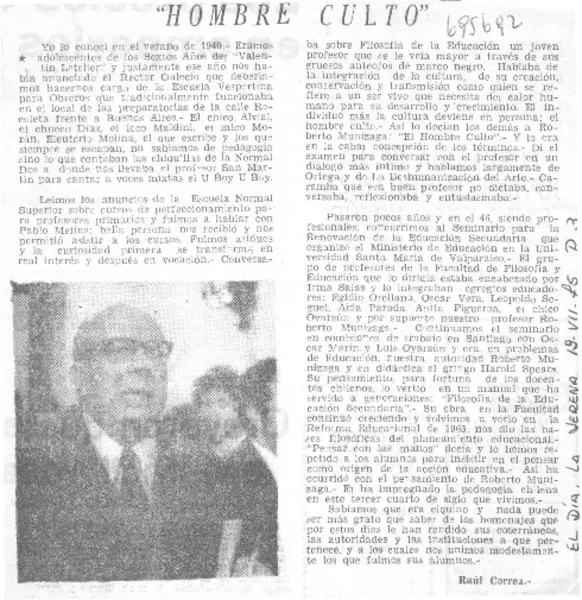 Hombre culto"  [artículo] Raúl Correa.