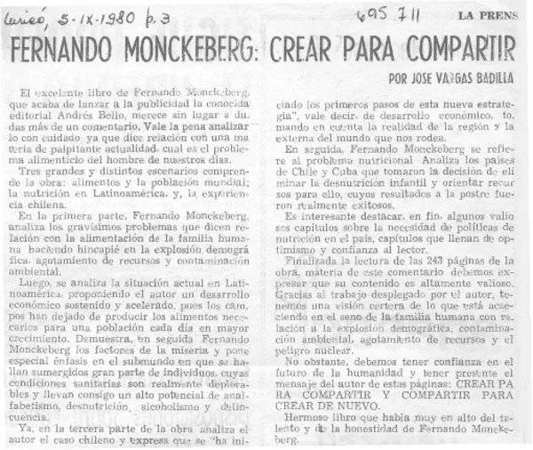 Fernando Monckeberg: crear para compartir  [artículo] José Vargas Badilla.