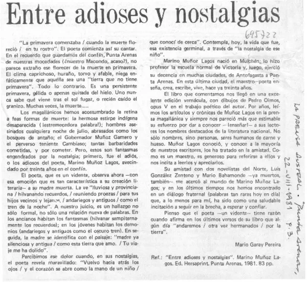 Entre adioses y nostalgias  [artículo] Mario Garay Pereira.