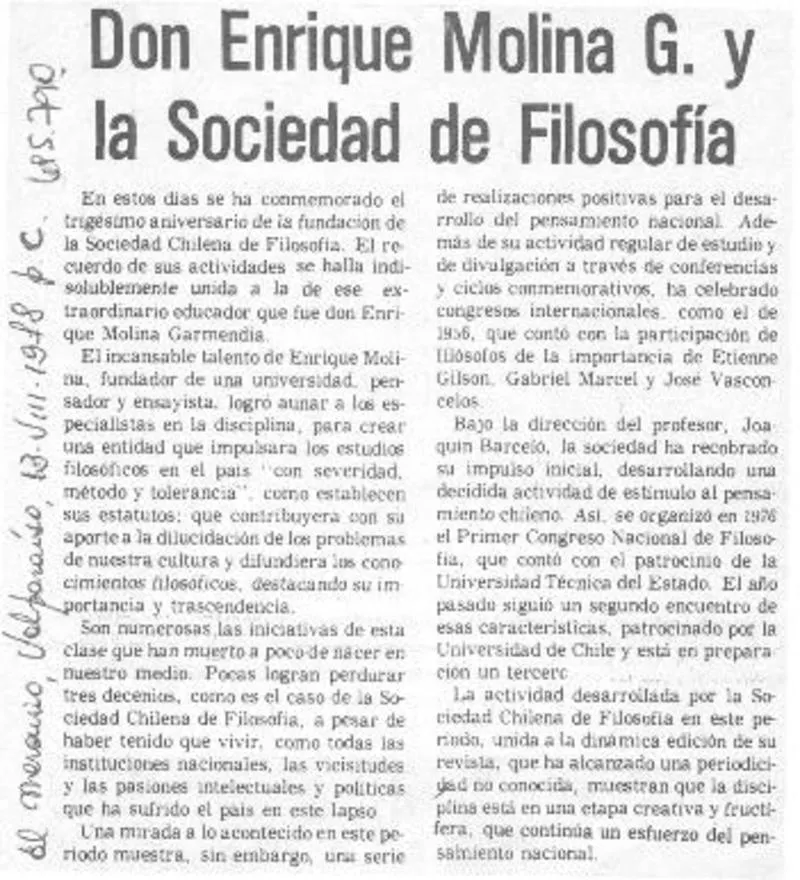 Don Enrique Molina G. y la Sociedad de Filosofía.  [artículo]