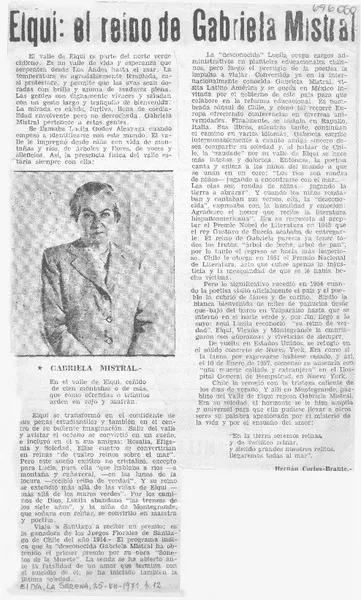 Elqui: el reino de Gabriela Mistral  [artículo] Hernán Cortez-Brante.