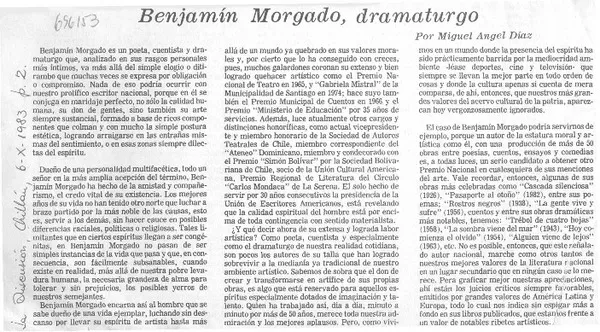 Benjamín Morgado, dramaturgo  [artículo] Miguel Angel Díaz.