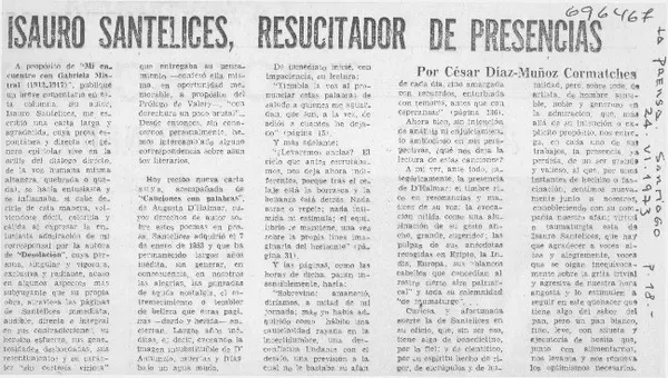 Isauro Santelices, resucitador de presencias  [artículo] César Díaz-Muñoz Cormatches.