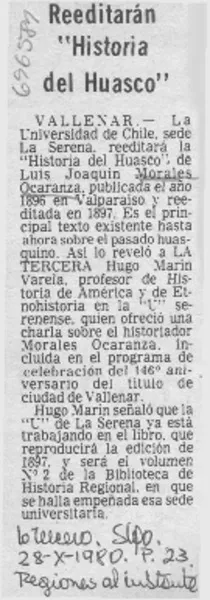 Reeditarán "Historia del huasco".  [artículo]