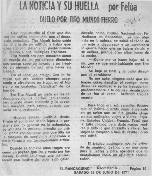 Duelo por Tito Mundt Fierro  [artículo] Felúa.