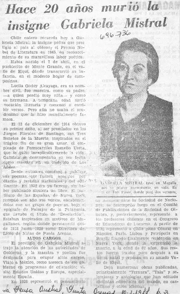 Hace 20 años murió la insigne Gabriela Mistral.  [artículo]