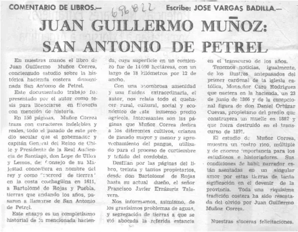 Juan Guillermo Muñoz: San Antonio de Petrel  [artículo] José Vargas Badilla.