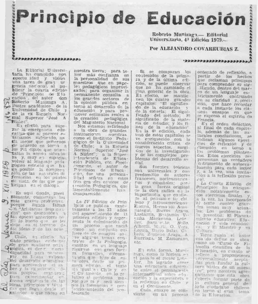 Principio de educación  [artículo] Alejandro Covarrubias Zagal.