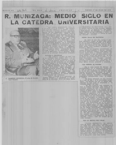 R. Munizaga: medio siglo en la cátedra universitaria.  [artículo]