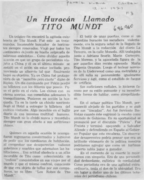 Un Huracán llamado Tito Mundt.  [artículo]