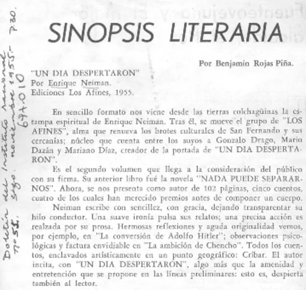 Sinopsis literaria  [artículo] Benjamín Rojas Piña.