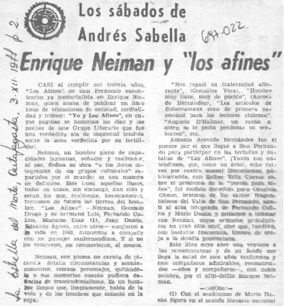 Enrique Neiman y "los afines"  [artículo] Andrés Sabella.