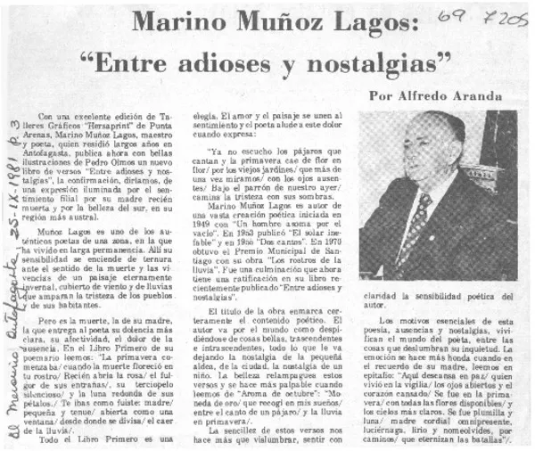 Marino Muñoz Lagos, "Entre adioses y nostalgias"  [artículo] Alfredo Aranda.