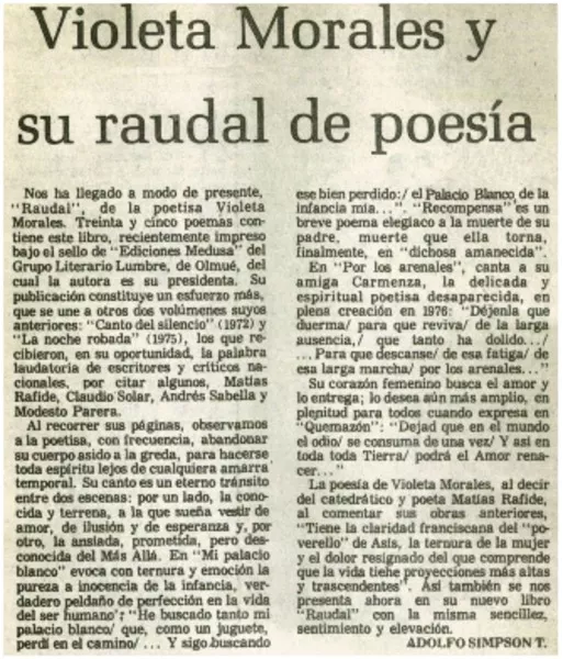 Violeta Morales y su raudal de poesía  [artículo] Adolfo Simpson T.