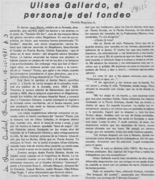 Ulises Gallardo, el personaje del fondeo  [artículo] Osvaldo Wegmann H.
