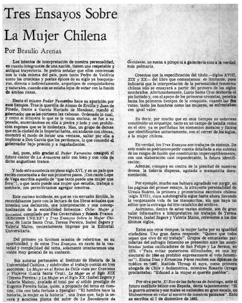 Tres ensayos sobre la mujer chilena  [artículo] Braulio Arenas.