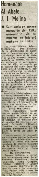 Homenaje al Abate J. I. Molina  [artículo] Nelson Salazar Monasterio.