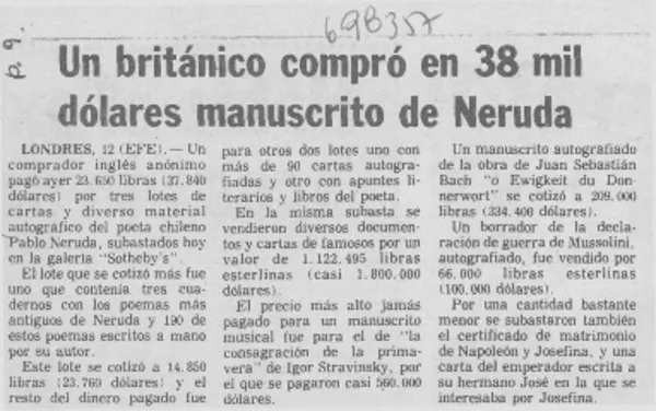 Un británico compró en 38 mil dólares manuscrito de Neruda.  [artículo]