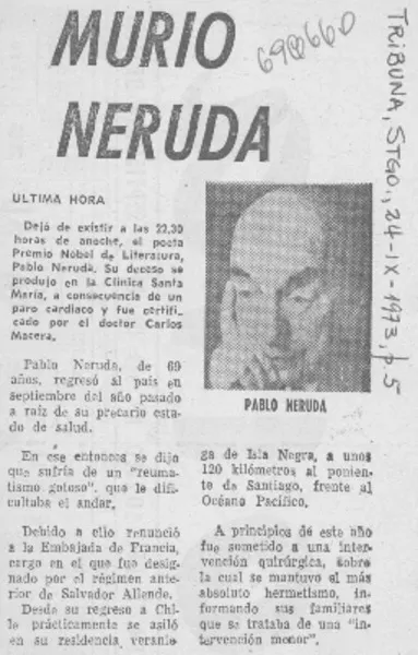 Murió Neruda.  [artículo]