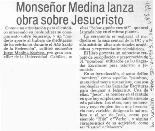 Monseñor Medina lanza obra sobre Jesucristo.  [artículo]