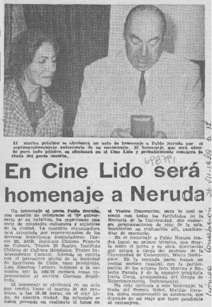 En Cine Lido será homenaje a Neruda.  [artículo]