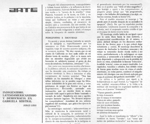 Indigenismo, latinoamericanismo y democracia en Gabriela Mistral  [artículo] Jorge Gissi.