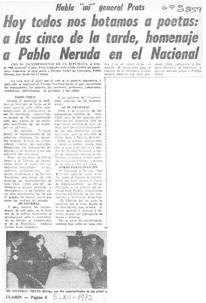 Hoy todos nos botamos a poetas, a las cinco de la tarde, homenaje a Pablo Neruda en el Nacional.  [artículo]