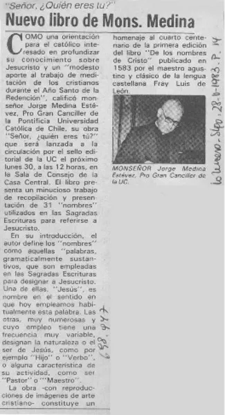 Nuevo libro de Mons. Medina  [artículo]