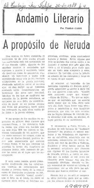 A propósito de Neruda  [artículo] Pablo Cassi.