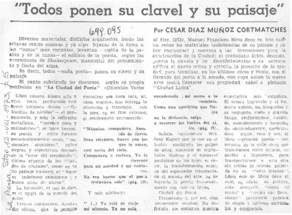 Todos ponen su clavel y su paisaje  [artículo] César Díaz-Muñoz Cormatches.