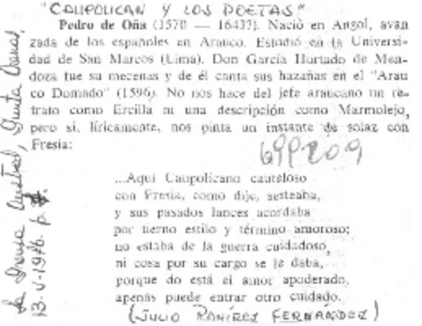 Caupolicán y los poetas"  [artículo] Julio Ramírez Fernández.