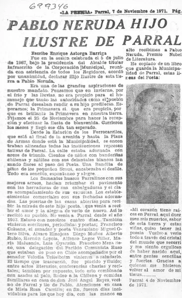 Pablo Neruda hijo ilustre de Parral.  [artículo]