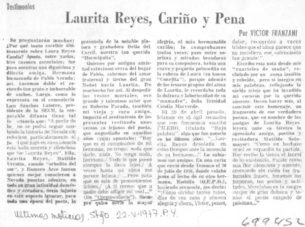 Laurita Reyes, cariño y pena  [artículo] Víctor Franzani.